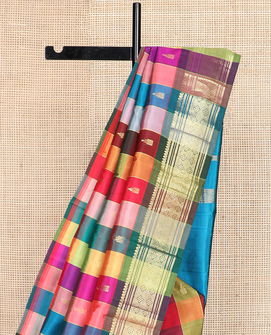 Multi-color checked and zari buttas Kanchipuram silk saree, one-sided border of thilakam mokku, banaras, muthu, and jaal and zari design pallu
