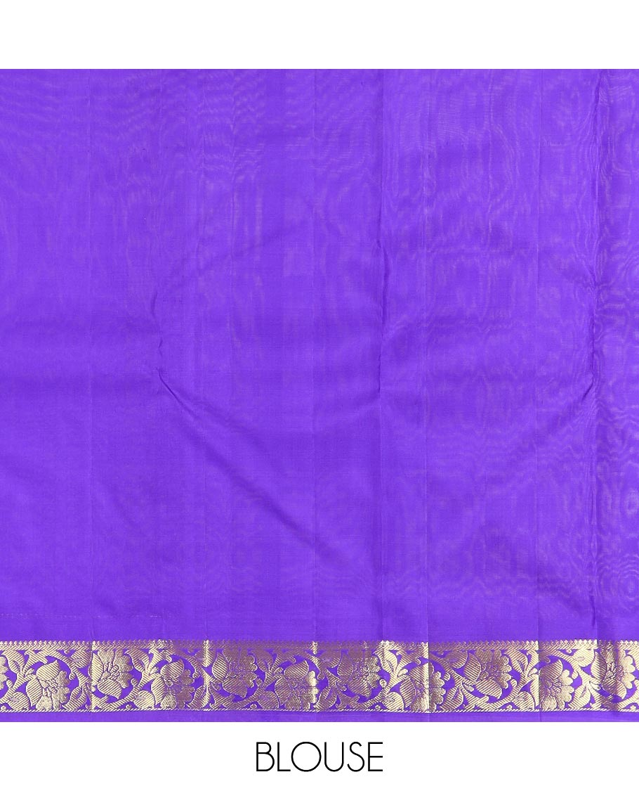 Blue zari buttas Kanchipuram silk saree, contrast border of salngai, banaras, and kodi visiry designs, and zari design pallu