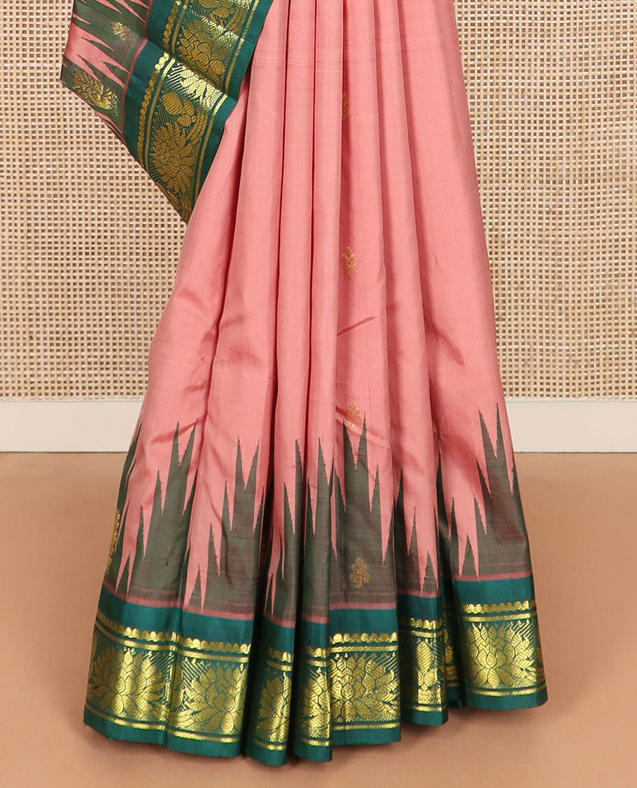 Pink zari buttas Kanchipuram silk saree, contrast thazampoo rekku border of salngai, and kamalam designs, and intricate pallu