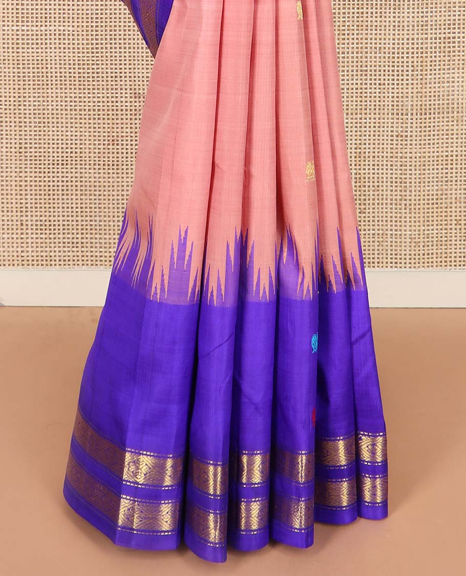 Peach zari buttas Kanchipuram silk saree, contrast one-sided thazampoo rekku border of thread mayil motifs and zari rettai pettu design, and zari design pallu