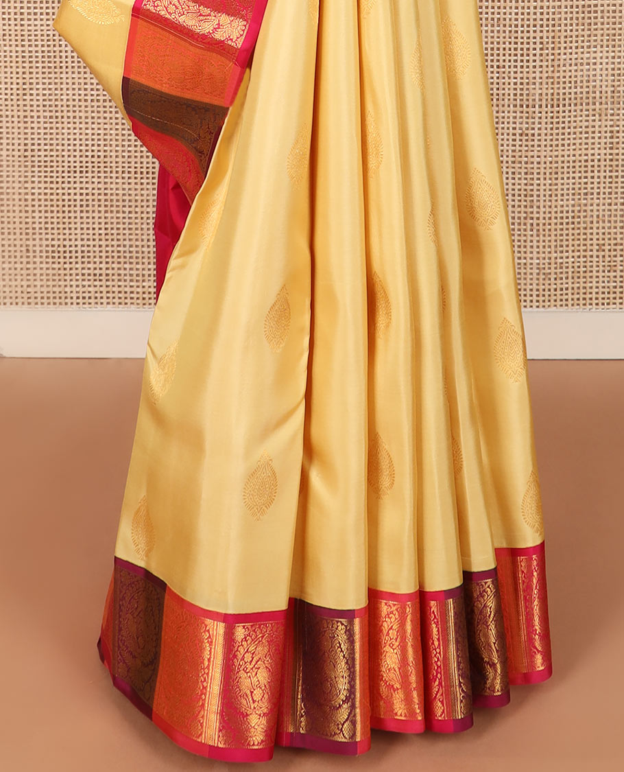 Sandal zari buttas Kanchipuram silk saree, contrast border of kili buttas enclosed manga designs, and manga enclosed checks