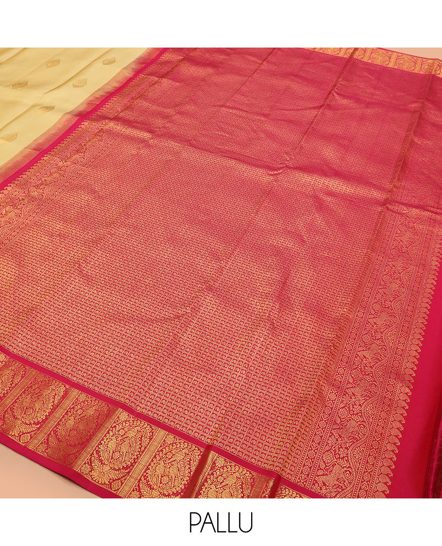 Sandal zari buttas Kanchipuram silk saree, contrast border of kili buttas enclosed manga designs, and manga enclosed checks
