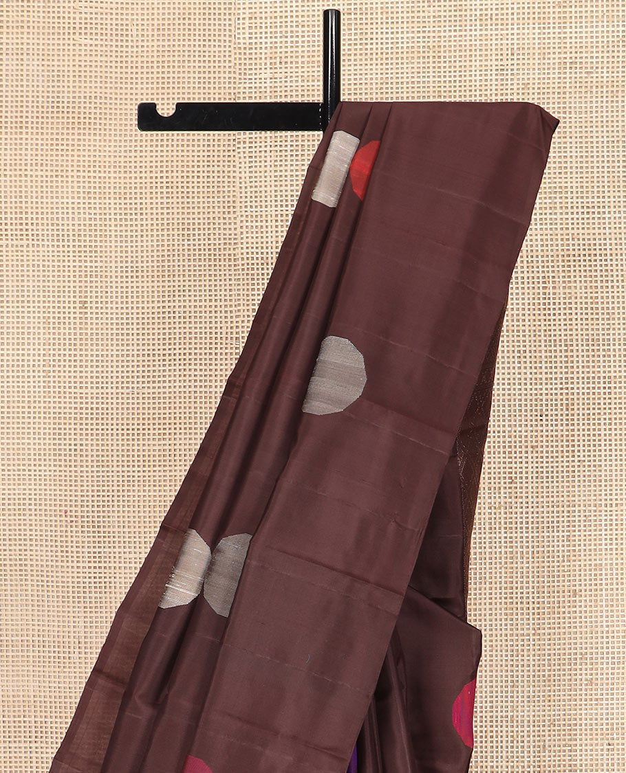 Borderless brown multi-colored resham buttas Kanchipuram silk saree, self-pallu of thilakam mokku, kamalam, mayil kann, vanki and jaal designs