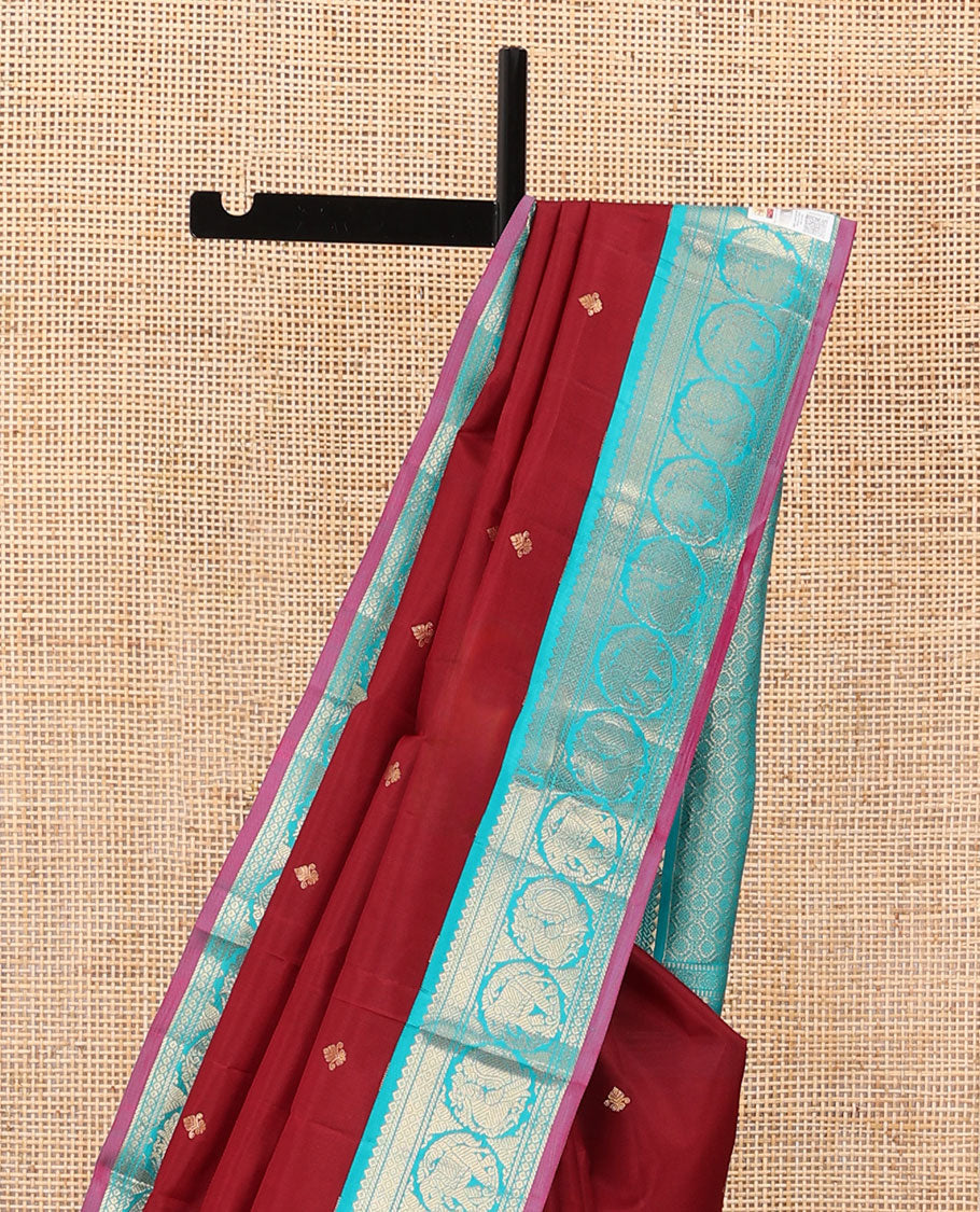 Apple red zari buttas silk saree, contrast border of diamond,banaras,mayil kann & round yaanai & round mayil & jaal design pallu
