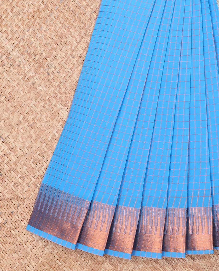 Blue checked kora cotton sare with contrast temple zari design border & pallu of argyle design