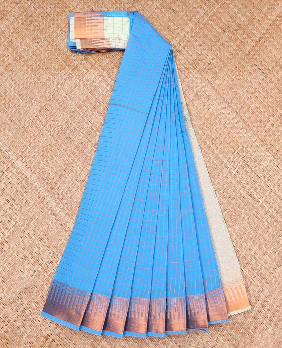 Blue checked kora cotton sare with contrast temple zari design border & pallu of argyle design