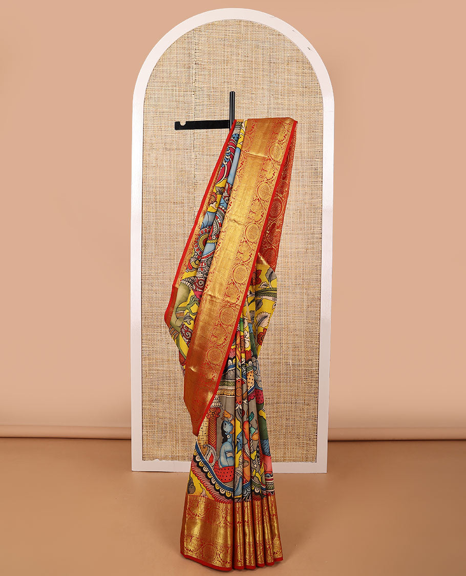 Yellow pichwai theme, peacock design kalamkari silk saree with contrast intricate zari design border & floral jaal design pallu