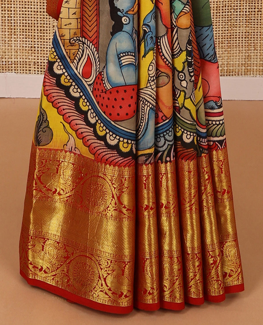 Yellow pichwai theme, peacock design kalamkari silk saree with contrast intricate zari design border & floral jaal design pallu
