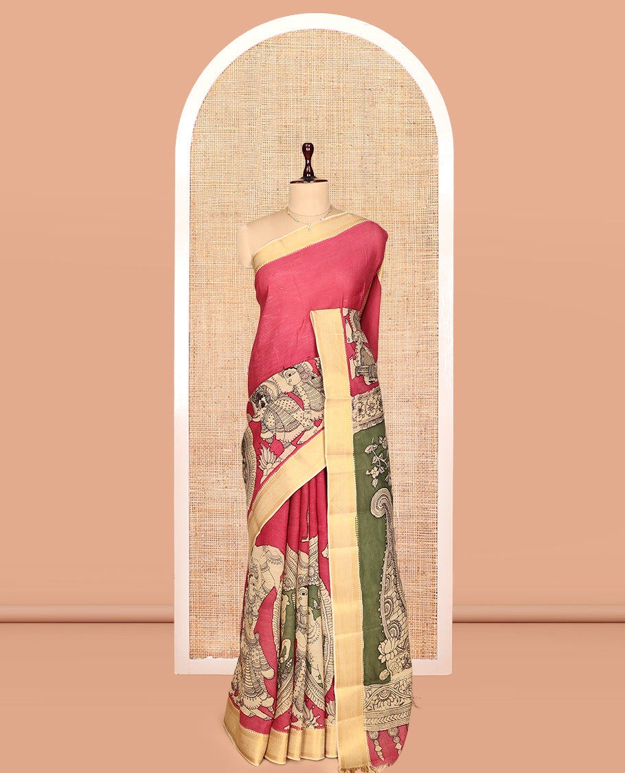 Red Kalamkari Silk Saree, Gracefully Embellished with Ancient Human Motifs Print, a Contrast Traditional Zari Border, Pallu Features God and Goddess Designs, and a Contrast Blouse