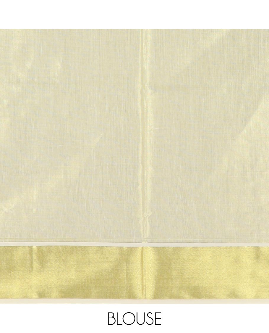Cream plain Kerala cotton saree, zari border of temple, and zari paisley motifs, and zari striped pallu