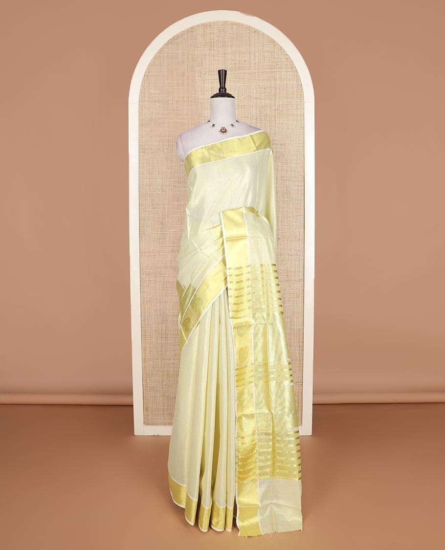 Cream plain Kerala cotton saree, zari border of temple, and zari paisley motifs, and zari striped pallu