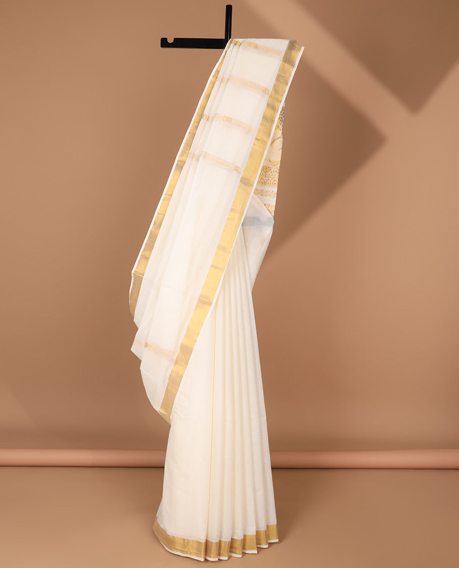 Cream kerala saree with zari designs, zari border & pallu with traditional designs
