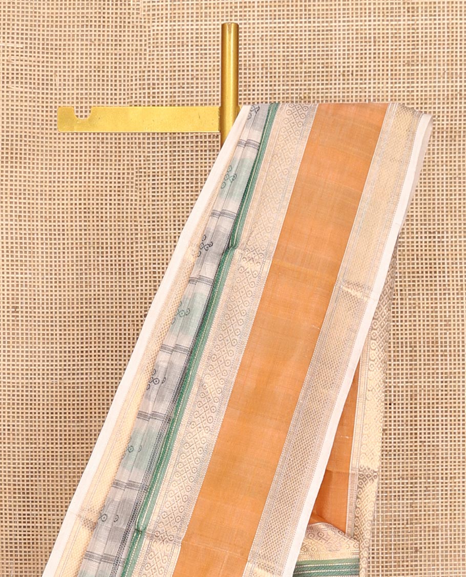 Cream Buttas Enclosed Checked Kuppadam Silk Saree, a Contrast Double-Pet Border, Grand Pallu, and a Matching Blouse