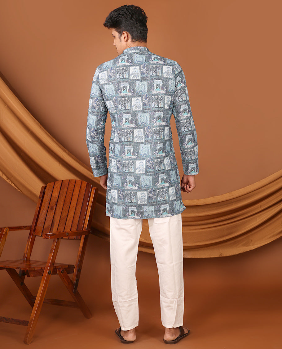 Grey Mughal-Themed Printed and Sequined Full-Sleeved Men's Kurta