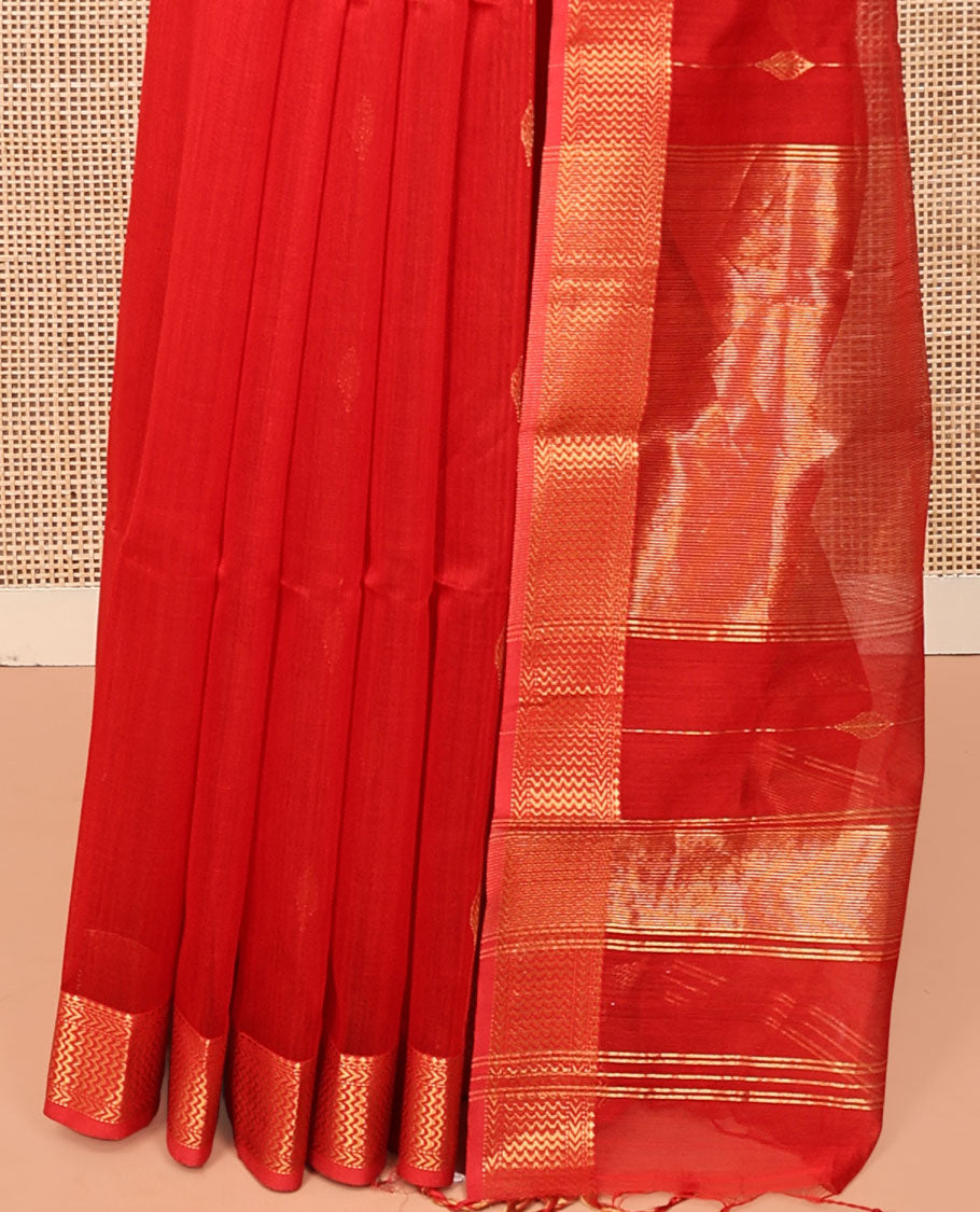 Red Maheshwari Cotton Saree, Accentuated with Diamond Stripes on Its Body, Highlighted by Zari Border of Chevron Designs, Gleaming Pallu Steeped with Zari Stripes, and Paired with a Matching Blouse