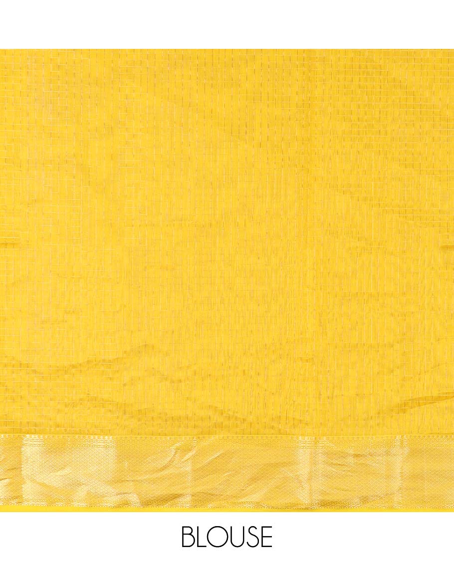 Yellow Maheshwari Cotton Saree Sparsely Sparkled with Zari Checks, Subtly Woven with a Traditional Zari Design Border, Pallu Gleamed Up with Zari Stripes, and Paired with a Matching Blouse