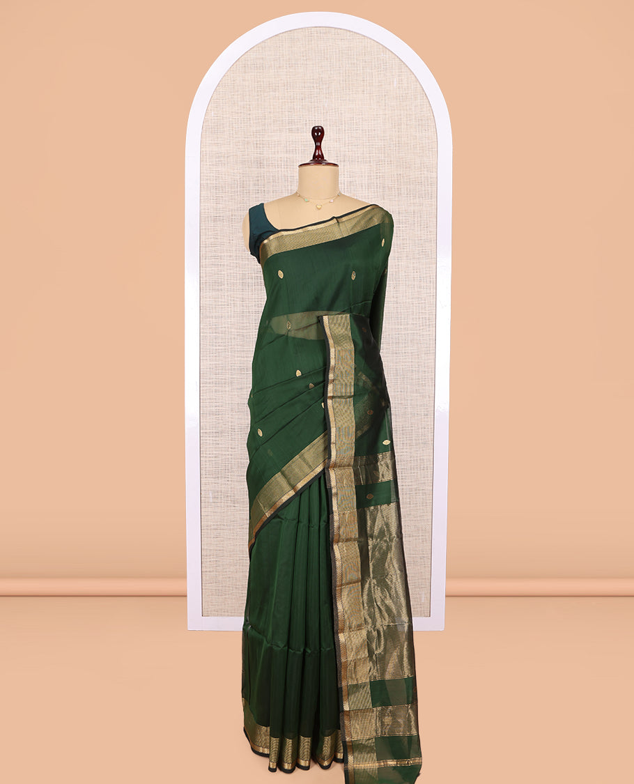 Green Maheshwari Cotton Saree, Accentuated with Buttas, a Contrast Traditional Zari Border, Gleaming Zari Woven Pallu, and a Matching Blouse