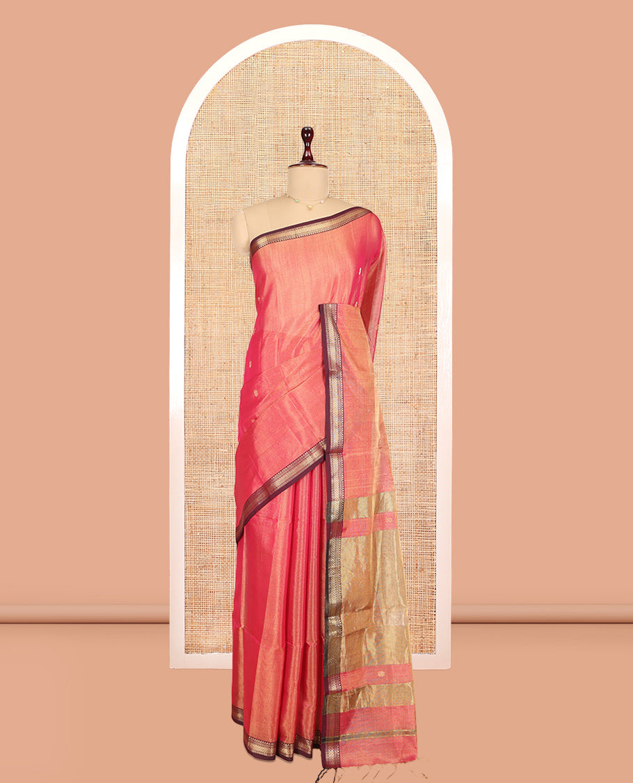 Peach Maheshwari Cotton Saree, Woven with Zari Buttas, a Contrast Traditional Zari Border, Zari Gleamed Up Pallu, and a Matching Blouse