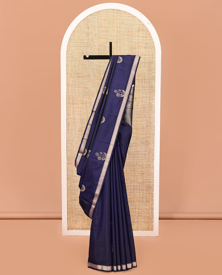 Blue Mayuri Soft Silk Saree, Richly Woven with Floral Zari Buttas All Over Its Body, Highlighted by a Zari Bavaji Border, Pallu of Vanki Designs, and Paired with a Matching Blouse