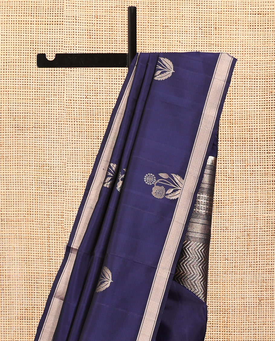 Blue Mayuri Soft Silk Saree, Richly Woven with Floral Zari Buttas All Over Its Body, Highlighted by a Zari Bavaji Border, Pallu of Vanki Designs, and Paired with a Matching Blouse