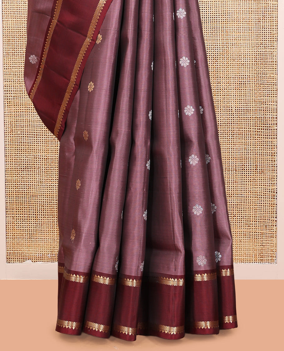 Dark Onion Pink Mayuri Lite Silk Mix Saree, Highlighted by Zari Buttas, Complemented By Contrast Rettai Pettu Zari Border, a Grand Pallu, and a Contrast Blouse