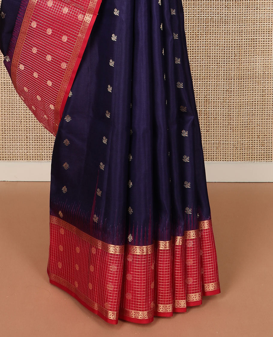 Blue zari buttas soft silk saree, contrast zari checked kodi visiry border & pallu of intricate zari designs