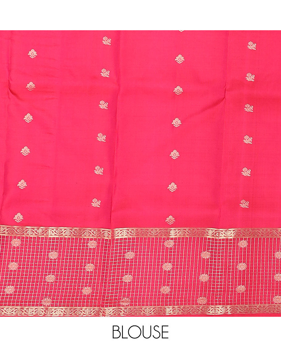Blue zari buttas soft silk saree, contrast zari checked kodi visiry border & pallu of intricate zari designs