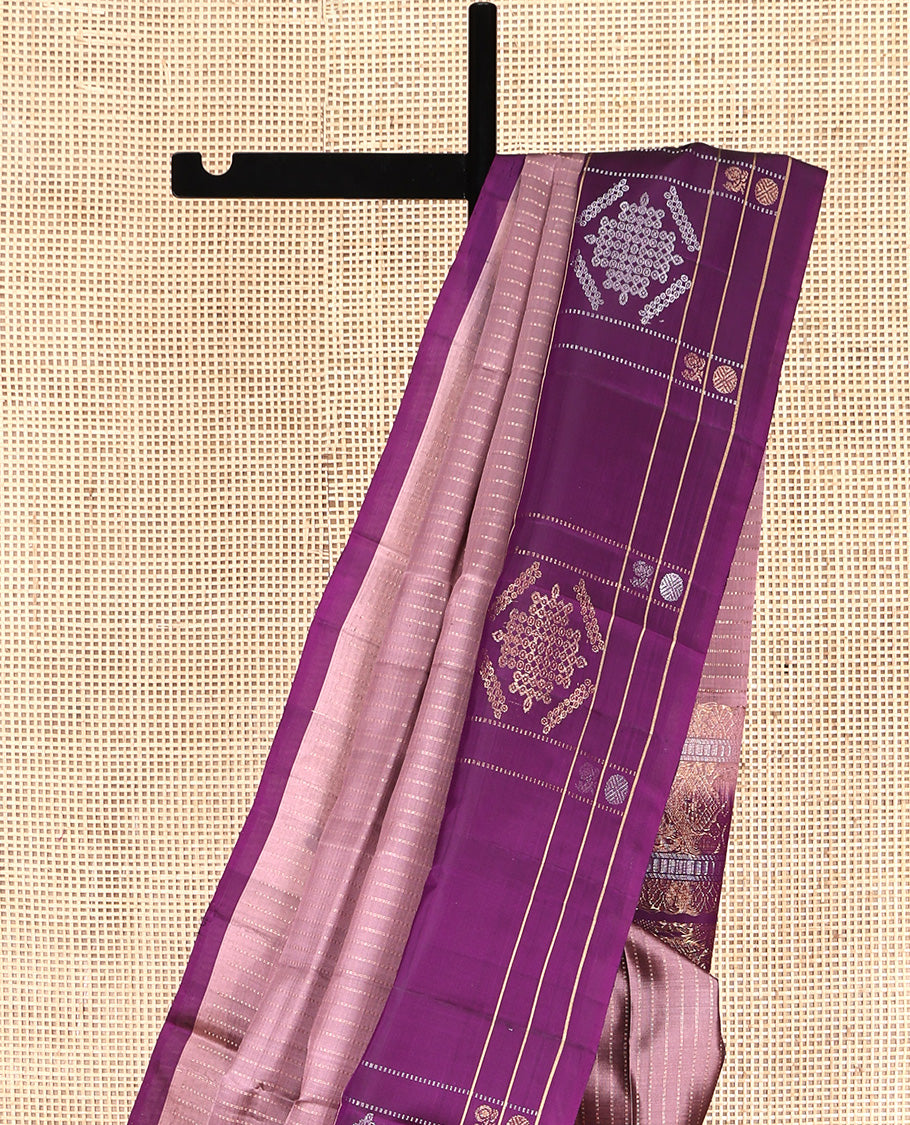Rosewood Pink Mayuri Lite Silk Mix Saree, Woven with Muthu Stripes All Over Its Body, Complemented by a Contrast Border of Kolam Motifs, Flora-Leaf Design Pallu, and Paired with a Contrast Blouse
