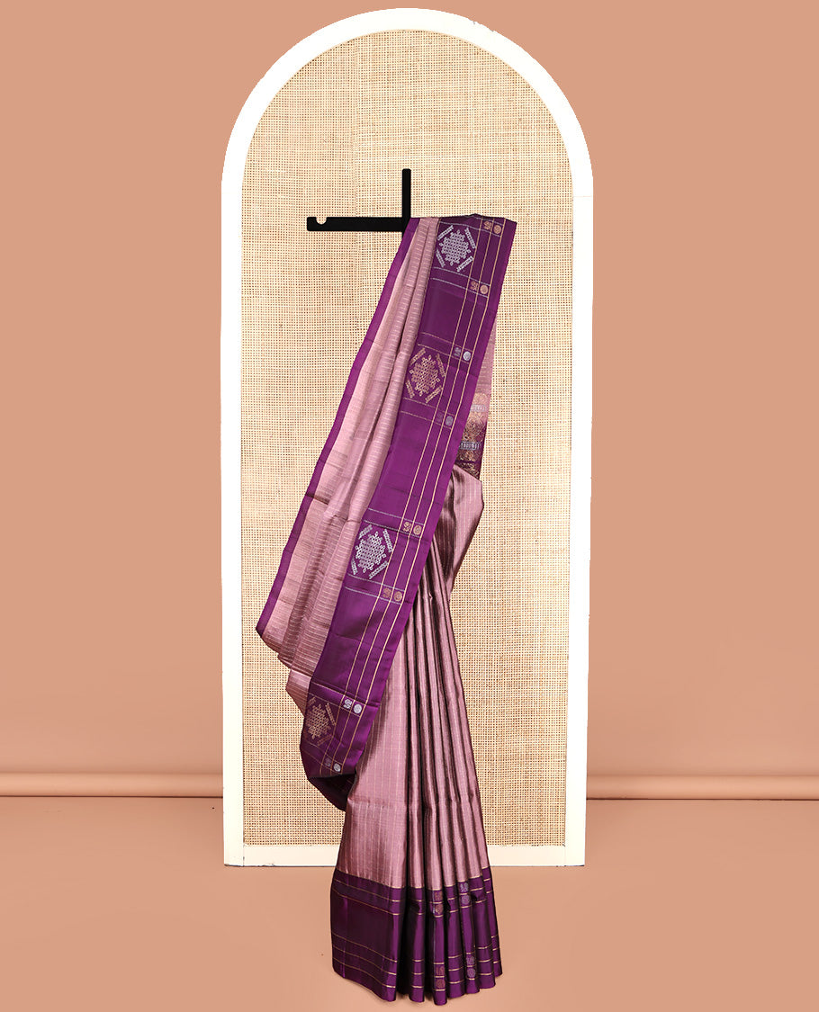 Rosewood Pink Mayuri Lite Silk Mix Saree, Woven with Muthu Stripes All Over Its Body, Complemented by a Contrast Border of Kolam Motifs, Flora-Leaf Design Pallu, and Paired with a Contrast Blouse