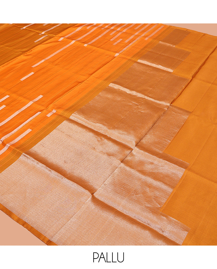 Borderless Yellow Mayuri Soft Silk Saree, Adorned with Stripes and Rectangular Blocks, Highlighted by a Pallu of Zari Design, and a Matching Blouse