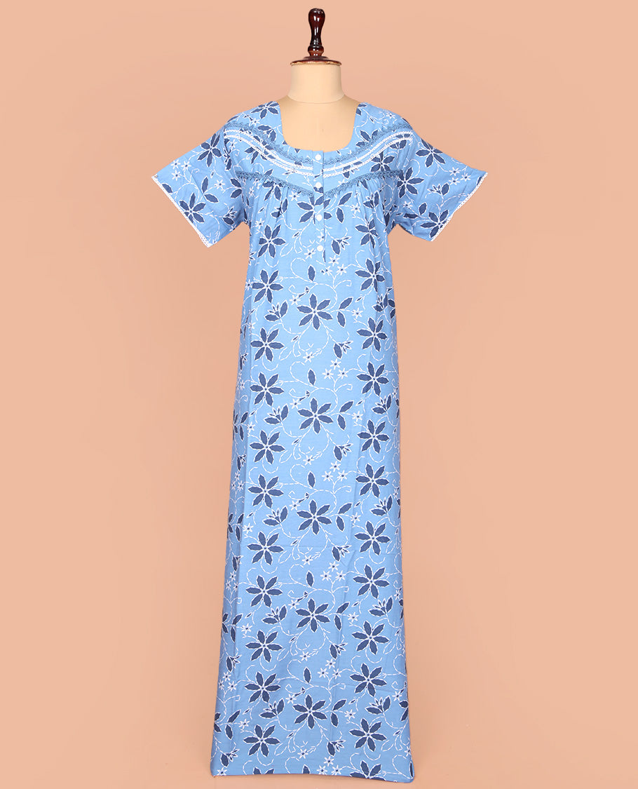 Blue Cotton Nighty Adorned with Floral Print, Featuring Lace Work, Round Front Neck, and Half Sleeves