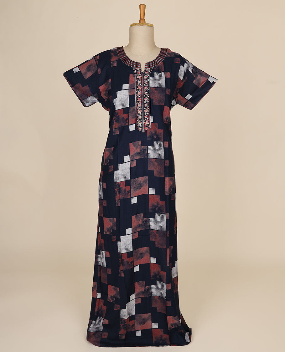 Multi-color geometric printed & floral thread embroidered round neck cotton half-sleeve nighty
