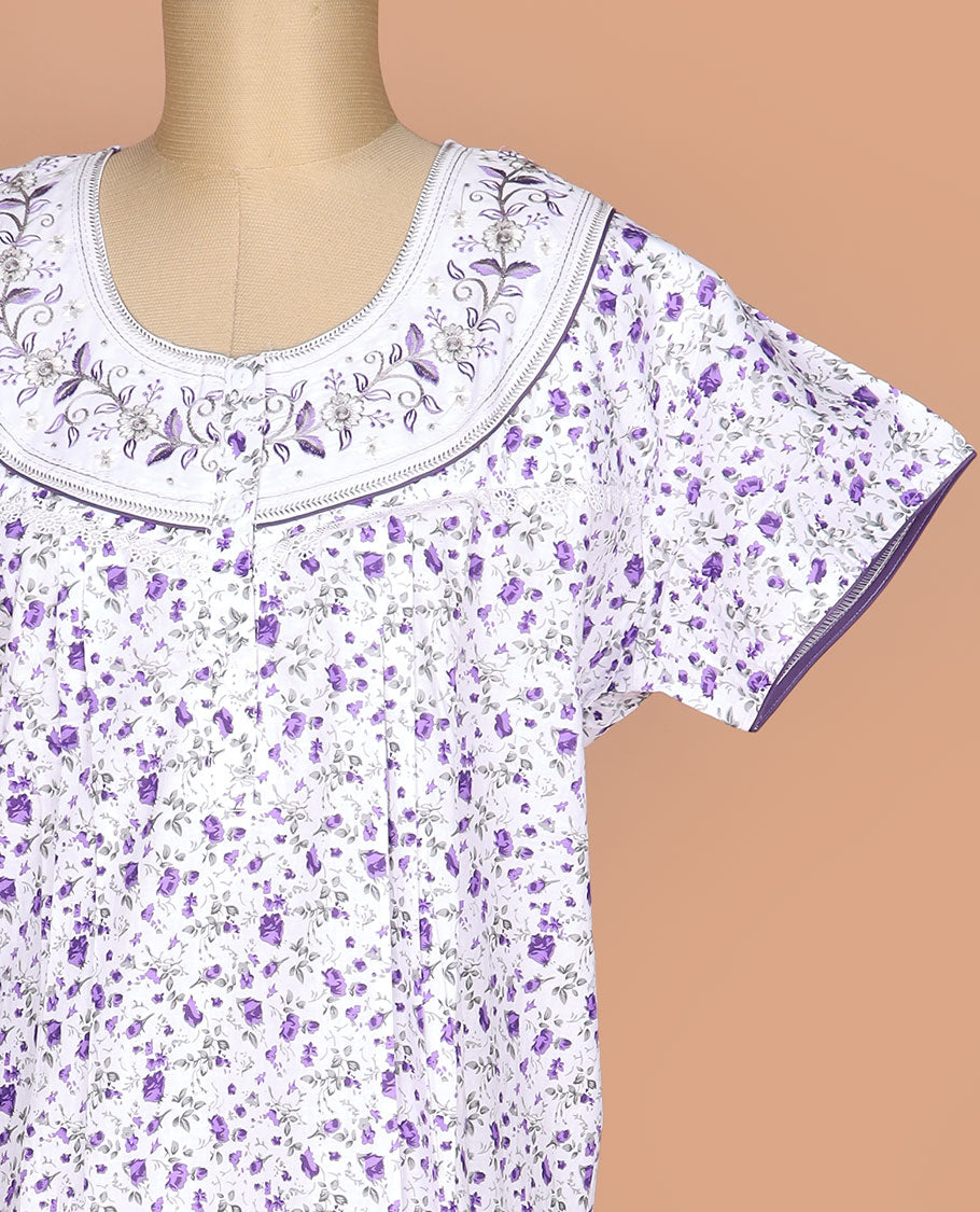White floral printed with embroidered round neck half-sleeve nighty