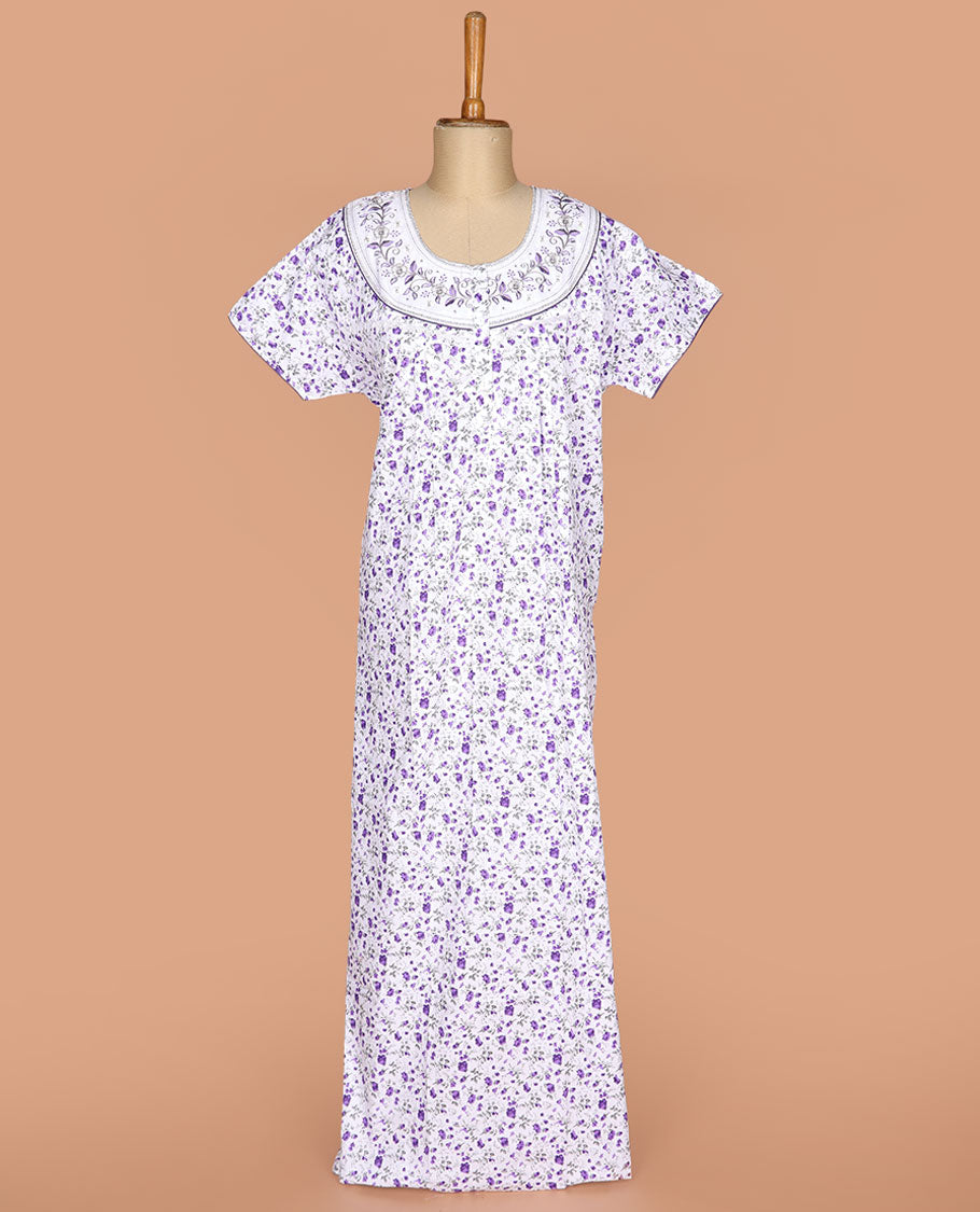 White floral printed with embroidered round neck half-sleeve nighty