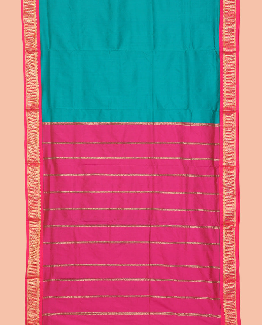 Blue Plain Art-Silk Nine Yard Saree, a Contrast Traditional Zari Border, a Pallu of Stripes, and No Blouse