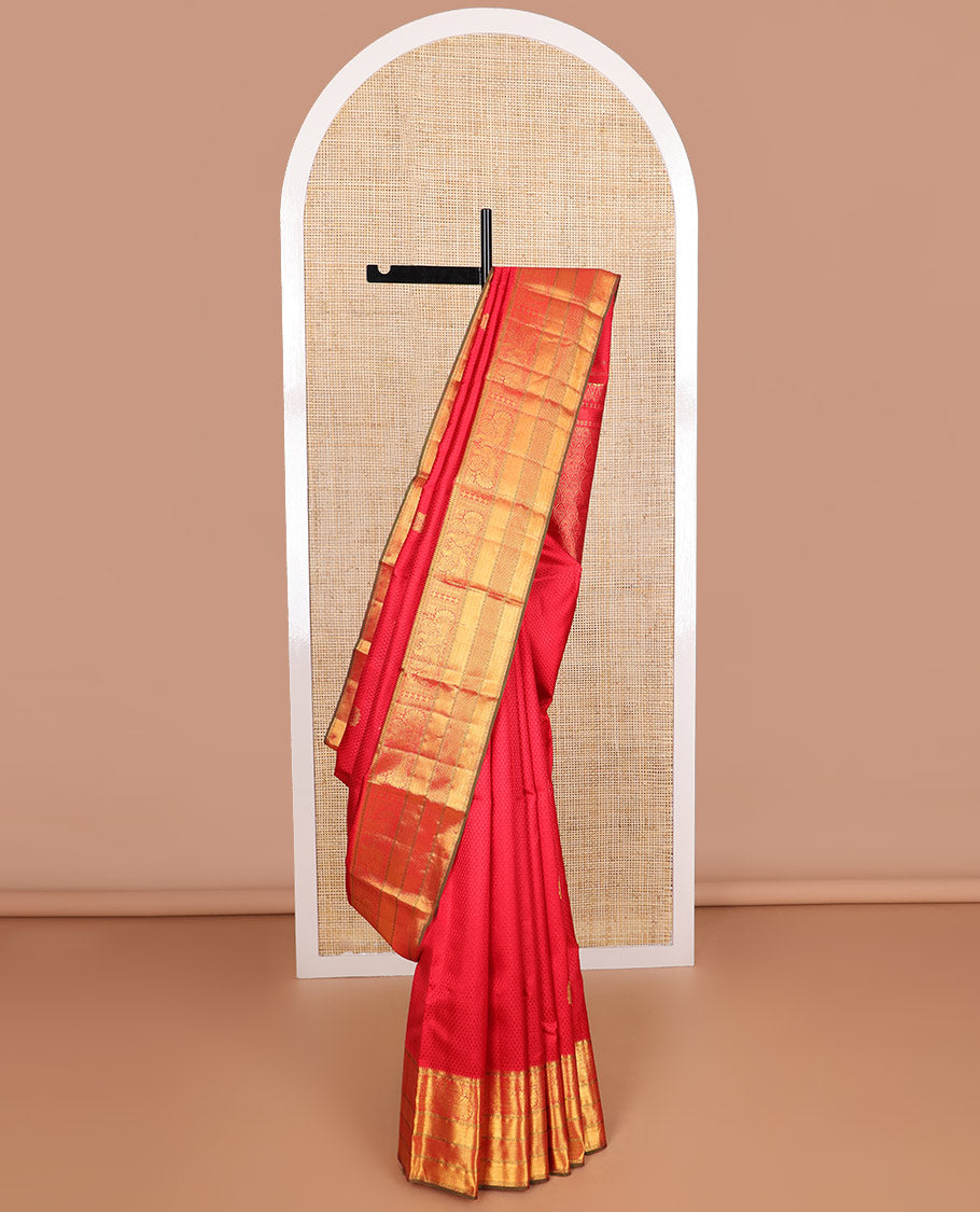 Red floral design silk saree with contrast border of rekku, paun, banaras, kuyil kann design & jaal design pallu