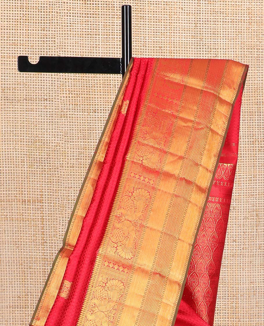 Red floral design silk saree with contrast border of rekku, paun, banaras, kuyil kann design & jaal design pallu