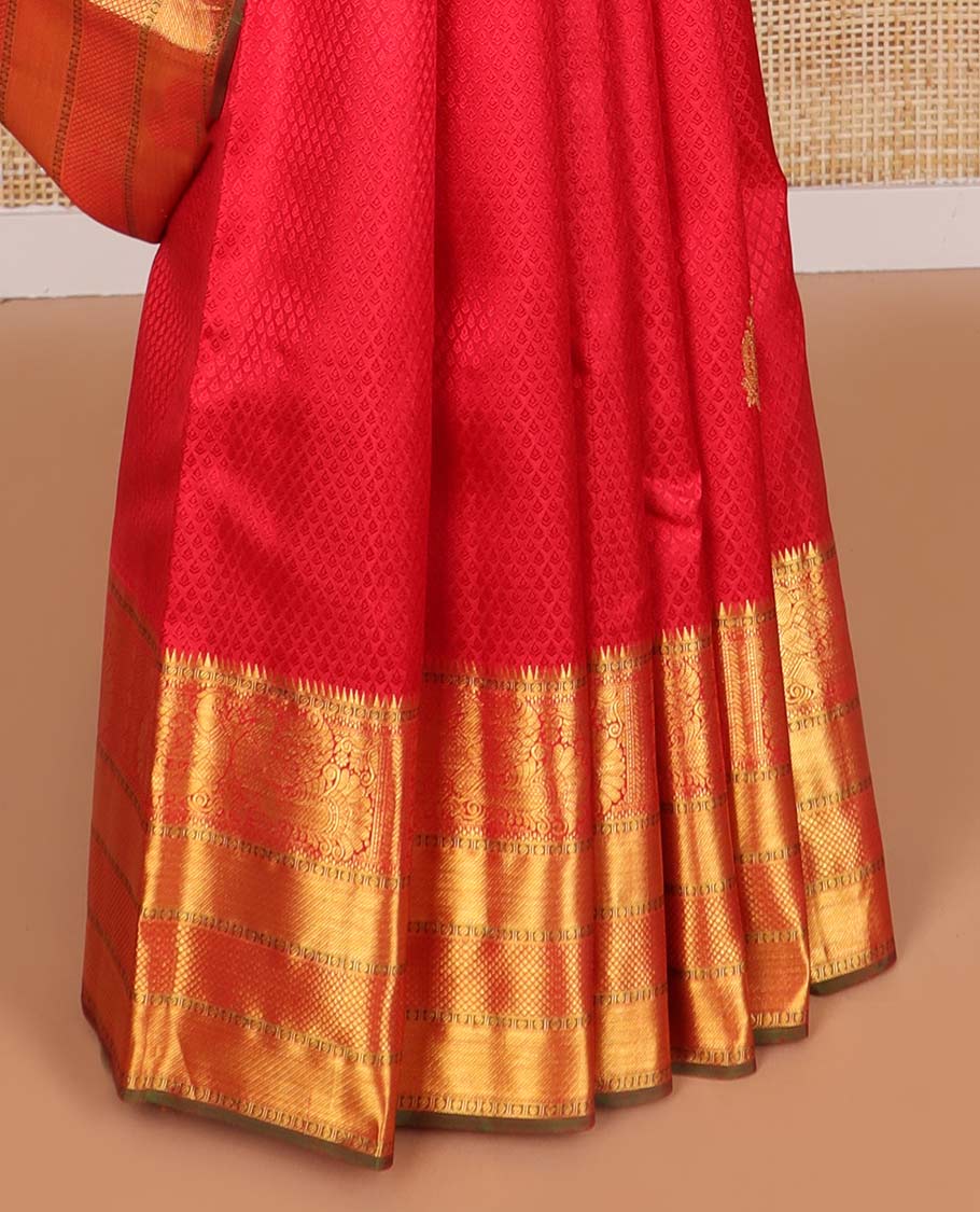 Red floral design silk saree with contrast border of rekku, paun, banaras, kuyil kann design & jaal design pallu
