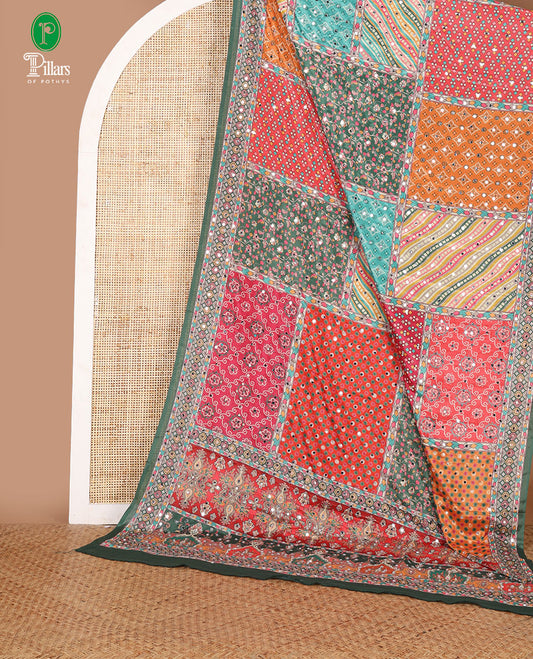 Multi-colour geometric printed, mirror work masakali saree with printed, mirror work border & printed pallu along with plain blouse