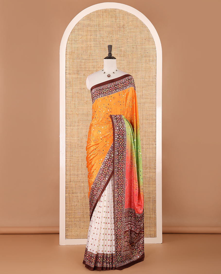 Multi-colour rainbow style printed, mirror work masakali saree with printed, mirror work border & printed pallu along with bhandani printed blouse