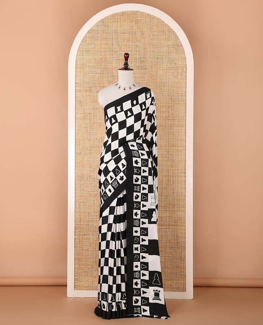 Black with white chess board mil printed crepe saree with self plain border