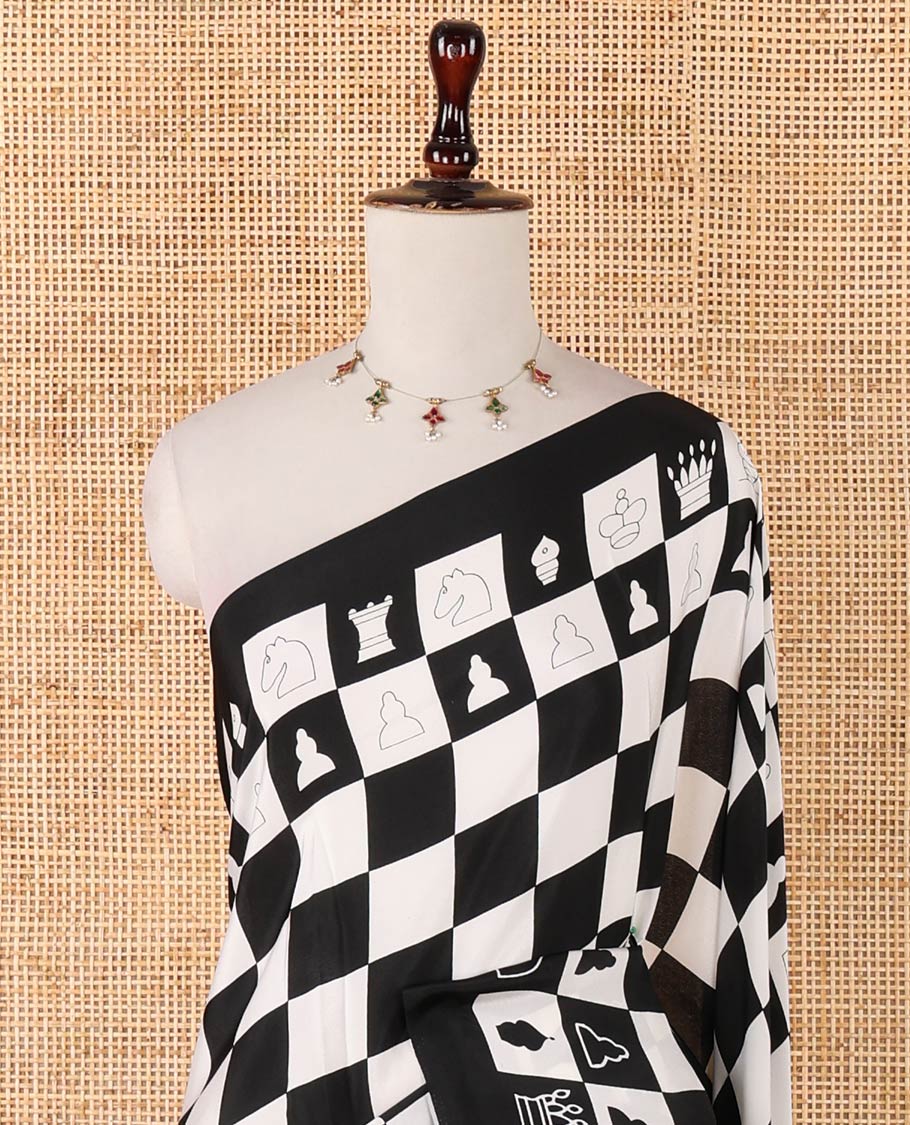 Black with white chess board mil printed crepe saree with self plain border