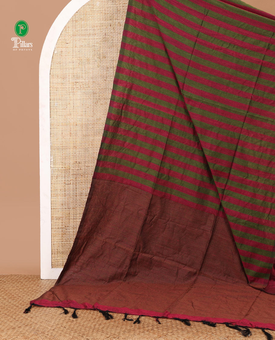 Borderless rani pink striped jute cotton saree with lining pallu & plain blouse