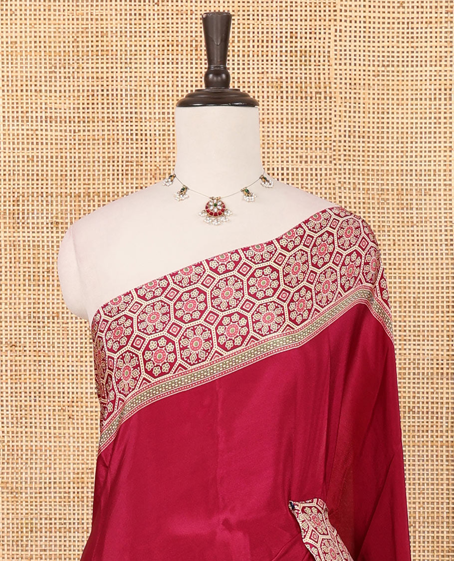 Maroon plain modal satin saree, double-sided border & pallu intricately printed Ajrakh-style design, Ajrakh printed blouse
