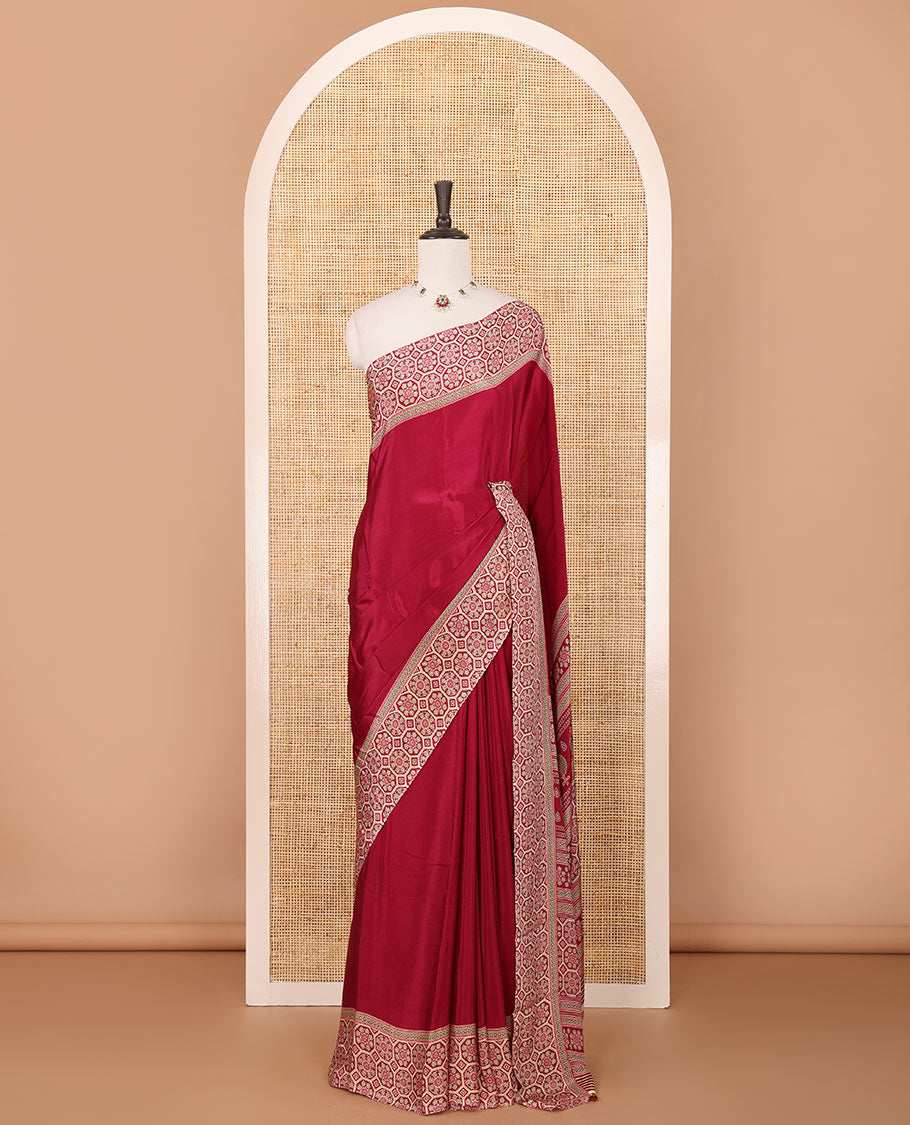 Maroon plain modal satin saree, double-sided border & pallu intricately printed Ajrakh-style design, Ajrakh printed blouse