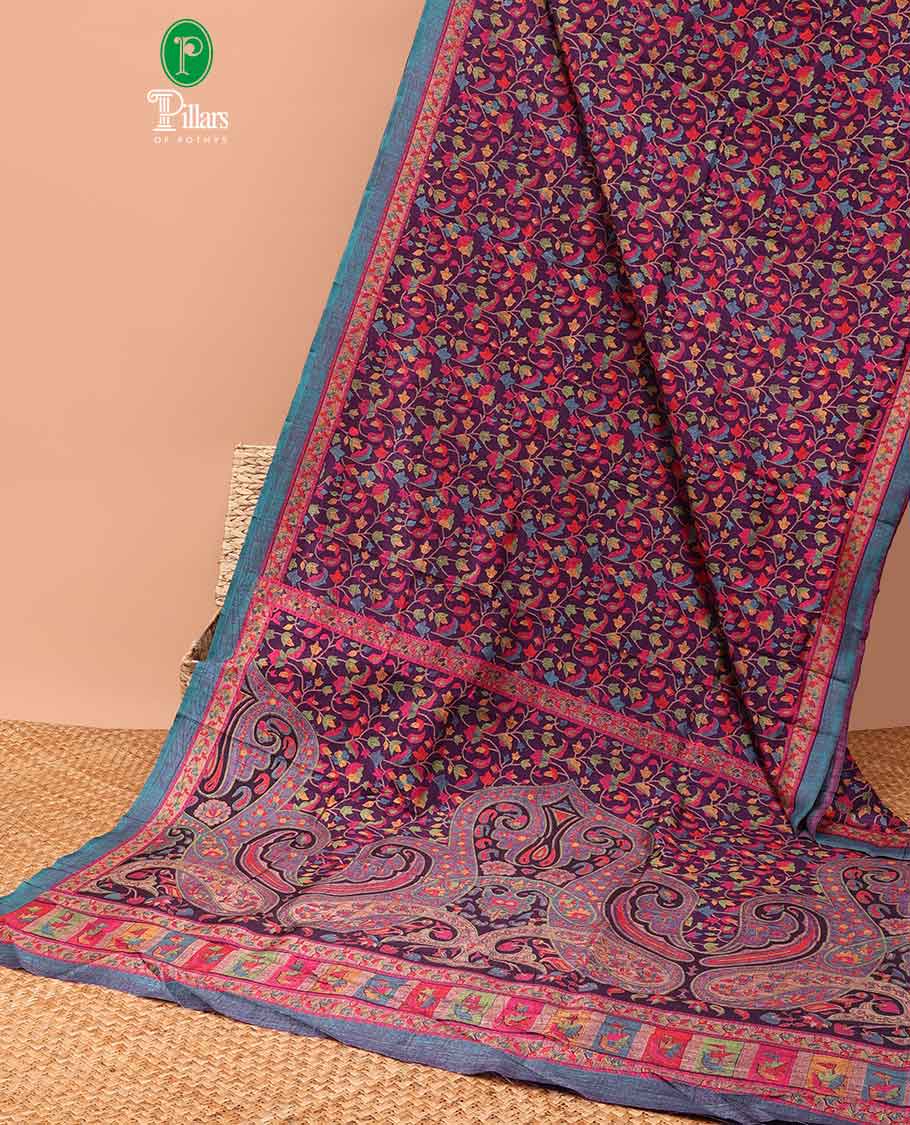 Borderless Wine dicharge print, madhubani design crackle silk saree with carry design pallu & crackle slub combination blouse
