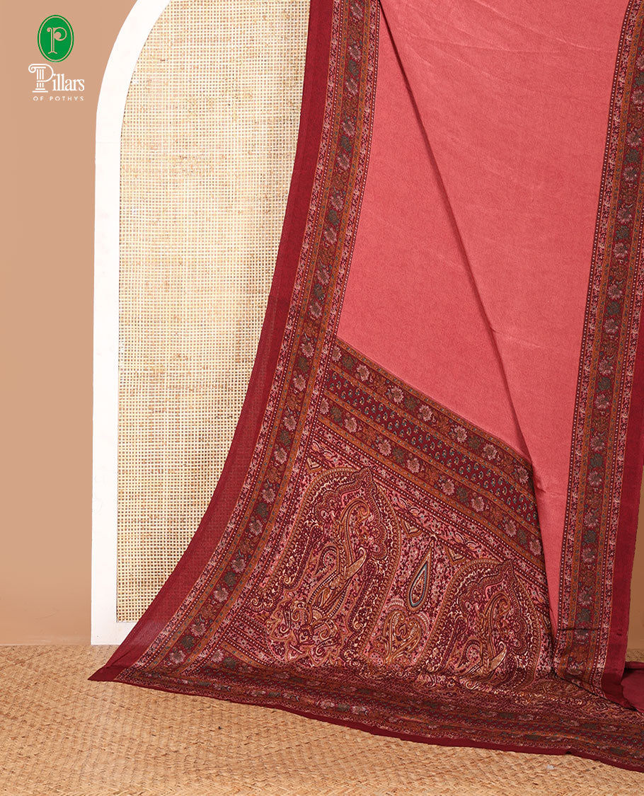 Onion pink negative-style sparsely printed crepe silk saree, contrast printed border, printed pallu & printed blouse