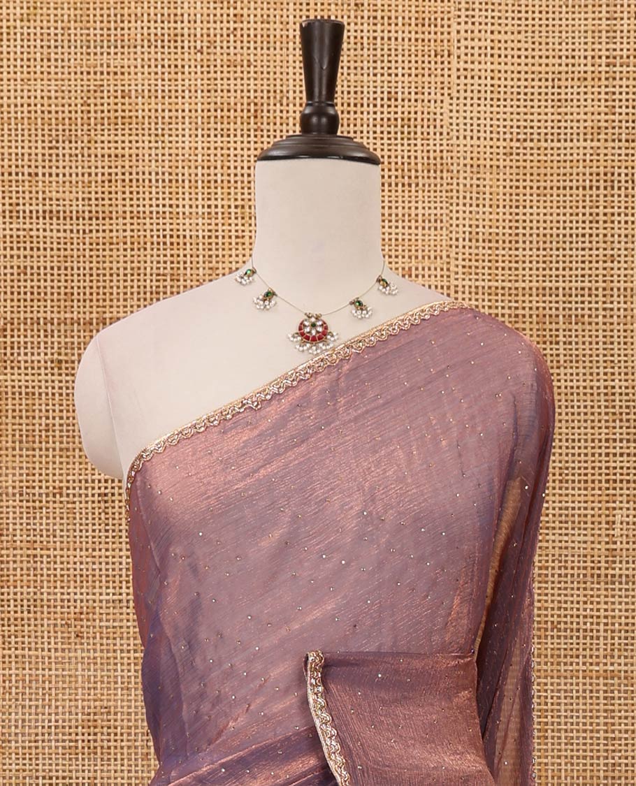 Lavender Swarovski stone work embedded fendy-chiffon saree, scallop lace border & floral mixed embroidered blouse
