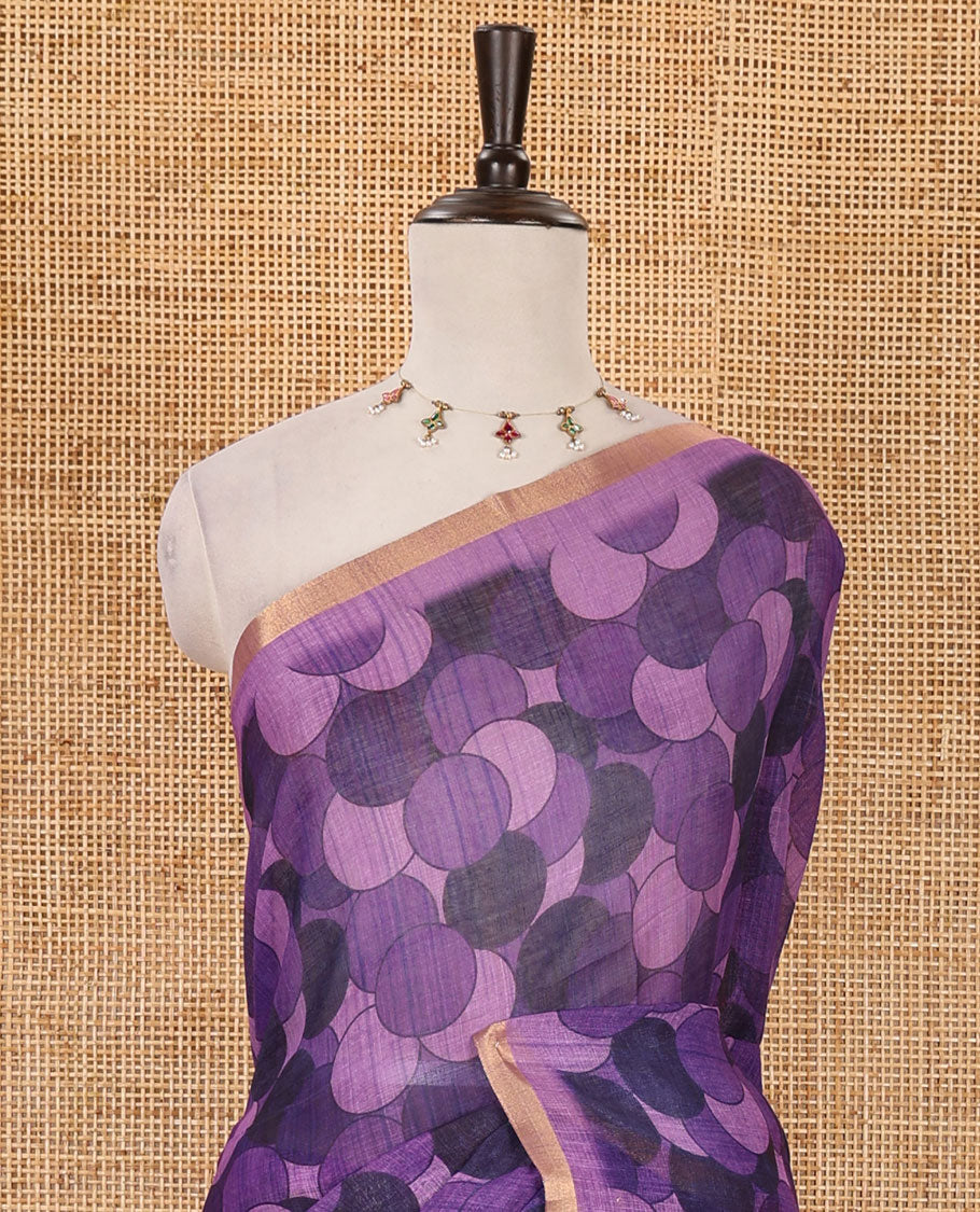 Lavender polka dots printed linen cotton saree, piping border, kalamkari floral-peacock printed pallu & small polka dots printed blouse