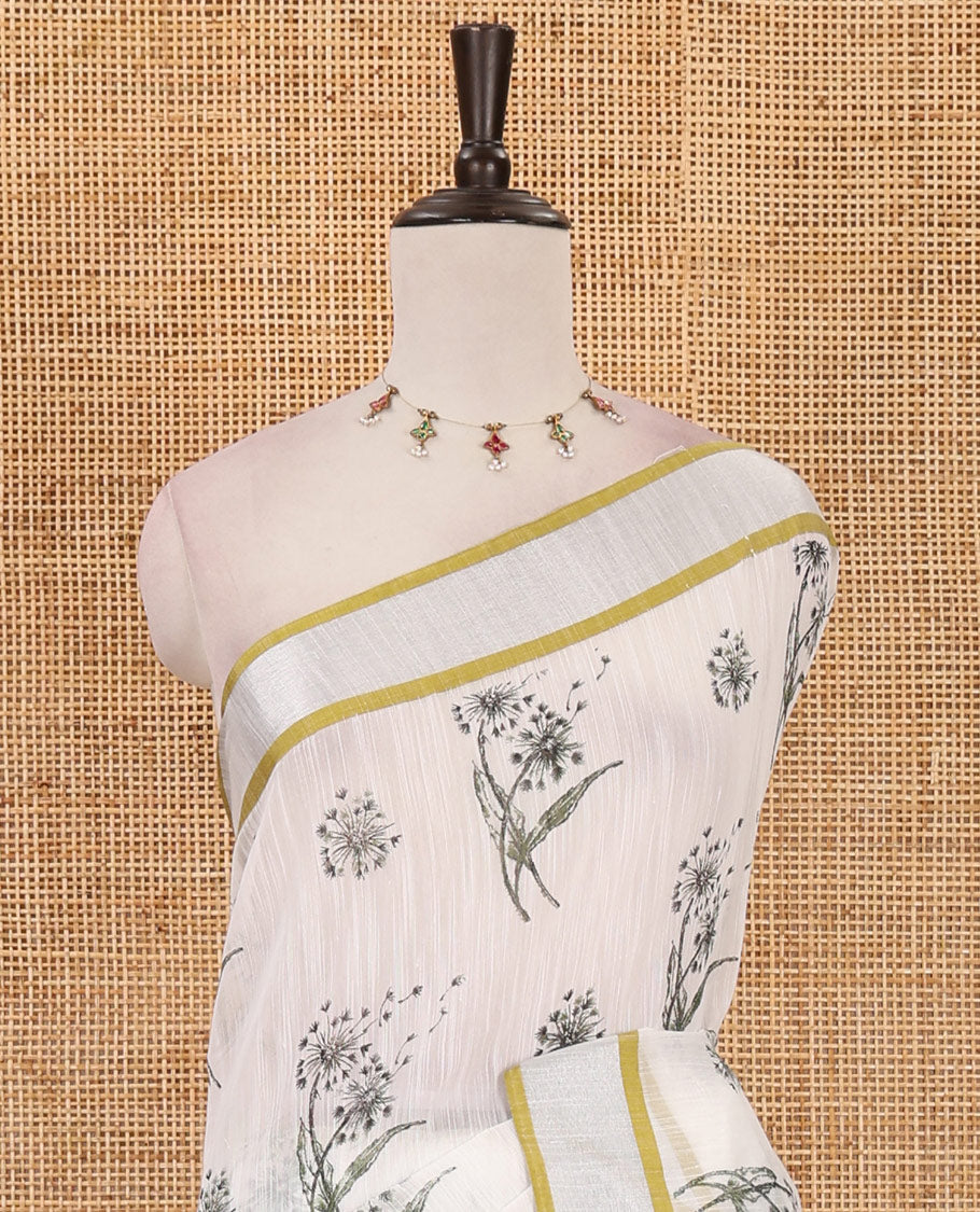 White-green floral motifs printed Linen cotton saree, contrast Sliver zari bavanji border, floral print pallu & plain blouse